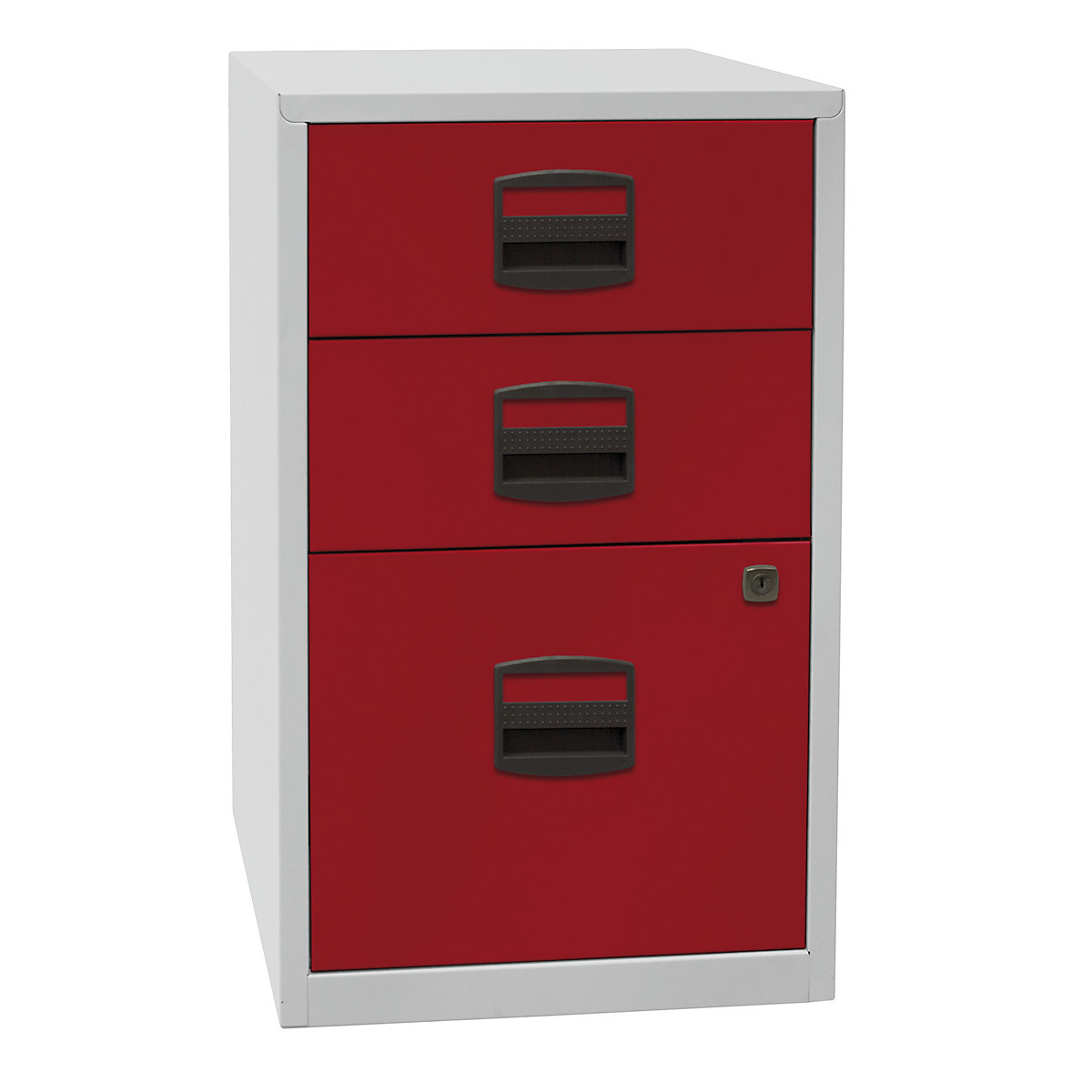 PFA side cupboard – BISLEY, 2 drawers, 1 suspension file drawer, light grey / cardinal red-4