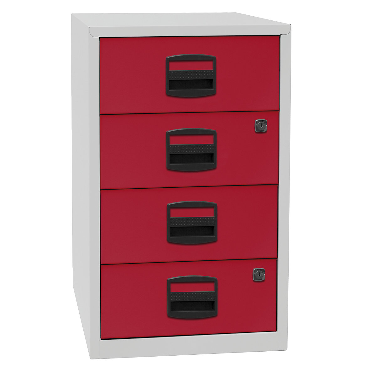 PFA side cupboard – BISLEY, 4 universal drawers, light grey / cardinal red-5