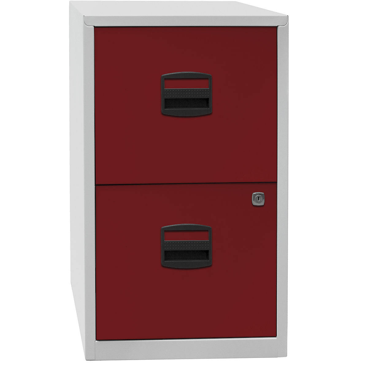 PFA suspension file cabinet – BISLEY, 2 drawers, light grey / cardinal red-1