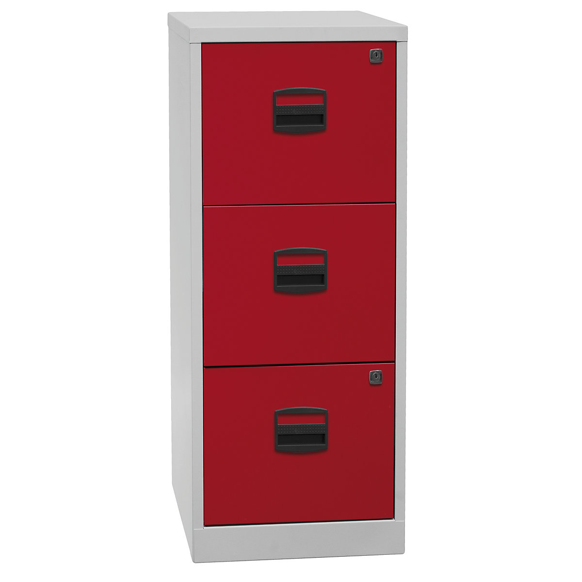 PFA suspension file cabinet – BISLEY, 3 drawers, light grey / cardinal red-6