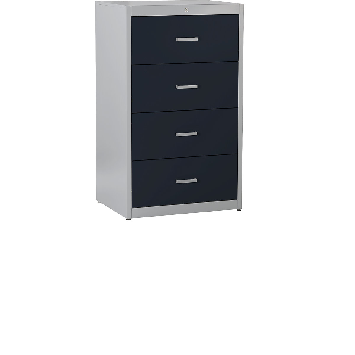 Suspension file cabinet, bar handles – mauser, 4 drawers, standard retraction mechanism, 2-track, white aluminium / charcoal-5