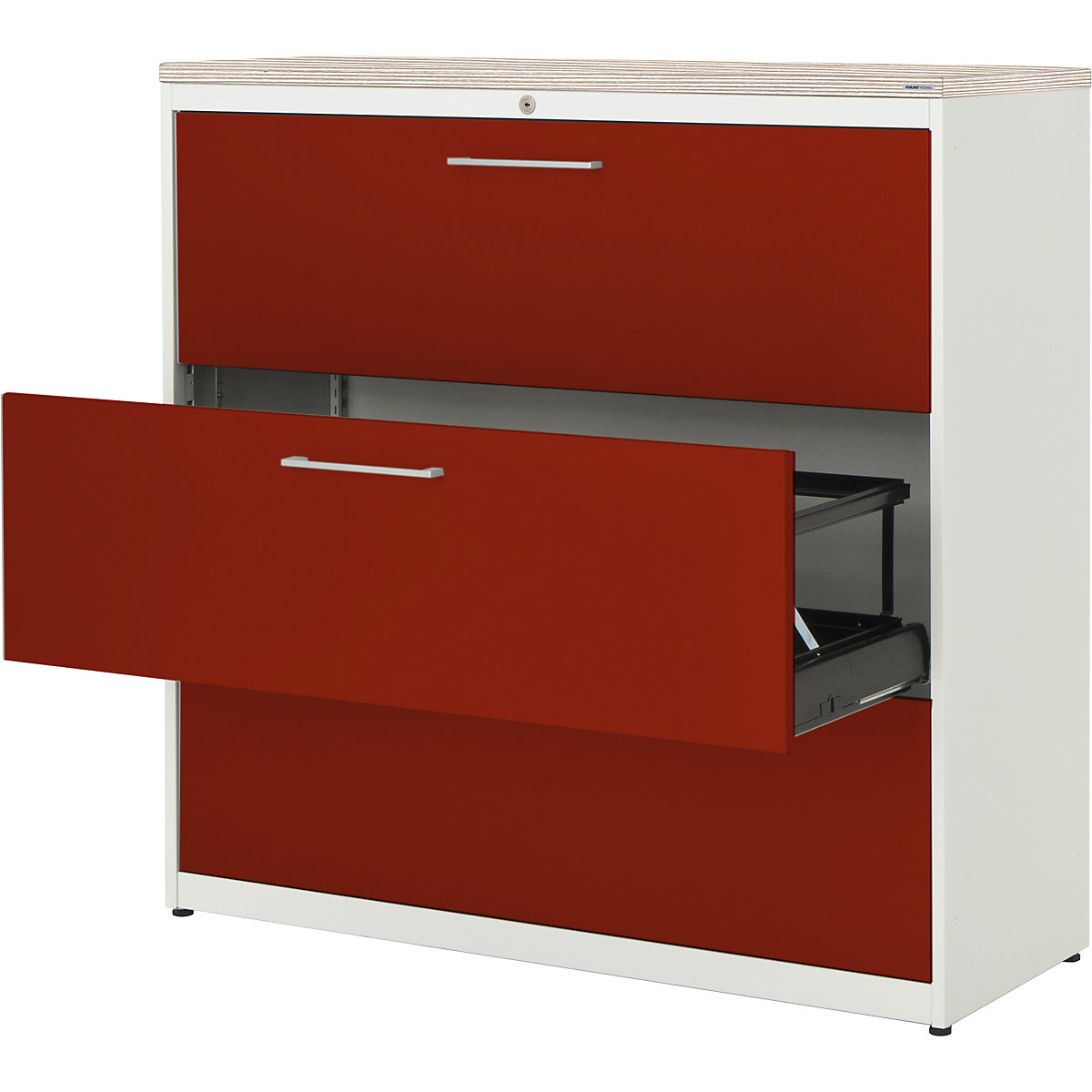 Suspension filing cabinet – mauser, plastic panel, 3 drawers, 3 tracks, with dampers, pure white / ruby red / alpine larch-7