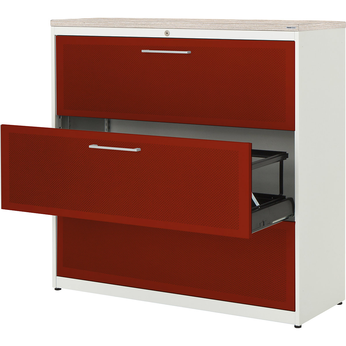 Suspension filing cabinet – mauser, 3 drawers, 3-track, pure white / ruby red / alpine larch-4