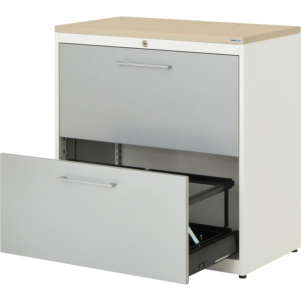 Suspension filing cabinet – mauser, plastic panel, 2 drawers, 2 tracks, with dampers, pure white / white aluminium / maple-5