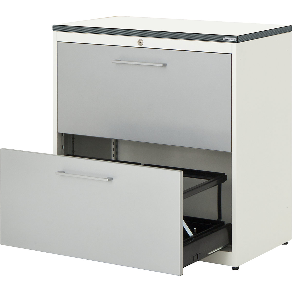 Suspension filing cabinet – mauser, plastic panel, 2 drawers, 2 tracks, with dampers, pure white / white aluminium / white-4