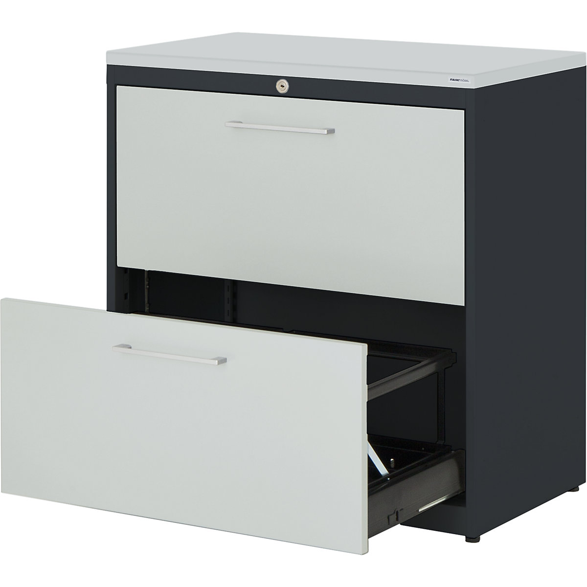 Suspension filing cabinet – mauser, plastic panel, 2 drawers, 2 tracks, with dampers, charcoal / light grey / light grey-3