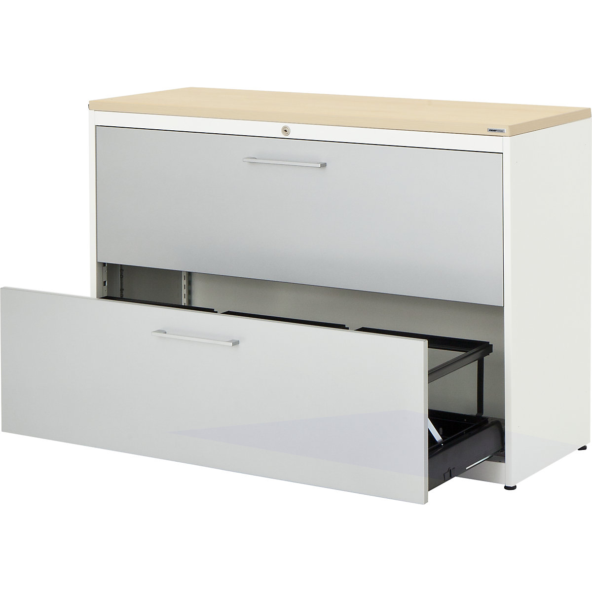 Suspension filing cabinet – mauser, plastic panel, 2 drawers, 3 tracks, with dampers, pure white / white aluminium / maple-7