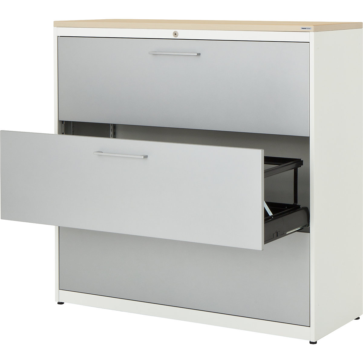 Suspension filing cabinet – mauser, plastic panel, 3 drawers, 3 tracks, with dampers, pure white / white aluminium / maple-9
