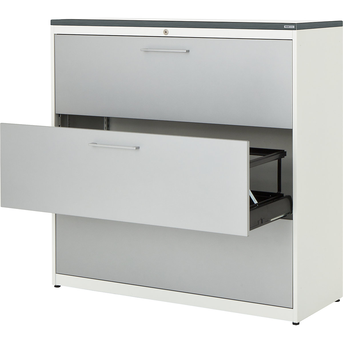 Suspension filing cabinet – mauser, plastic panel, 3 drawers, 3 tracks, with dampers, pure white / white aluminium / white-4