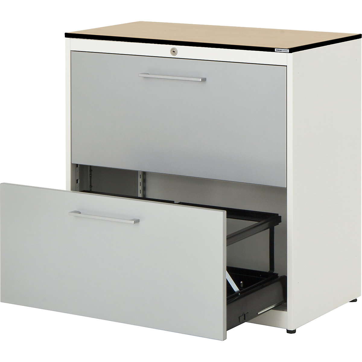 Suspension filing cabinet – mauser, HPL solid core panel, 2 drawers, 2 tracks, with dampers, pure white / white aluminium / maple-3