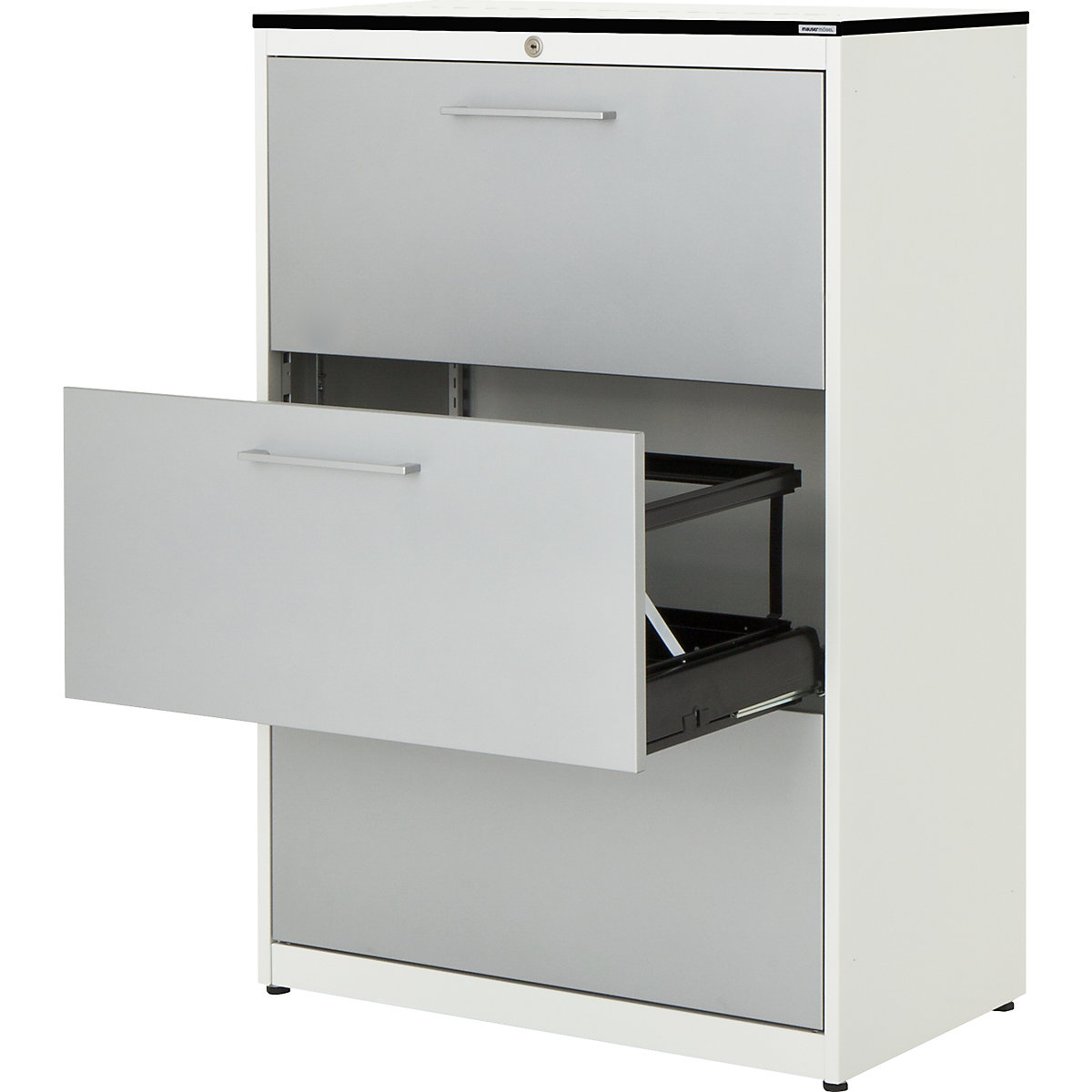 Suspension filing cabinet – mauser, HPL solid core panel, 3 drawers, 2 tracks, with dampers, pure white / white aluminium / white-3