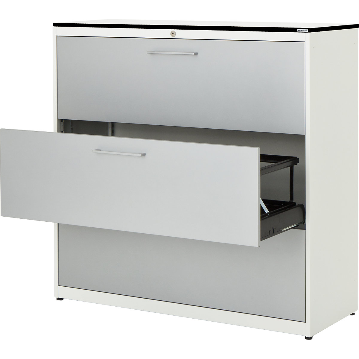 Suspension filing cabinet – mauser, HPL solid core panel, 3 drawers, 3 tracks, with dampers, pure white / white aluminium / white-3