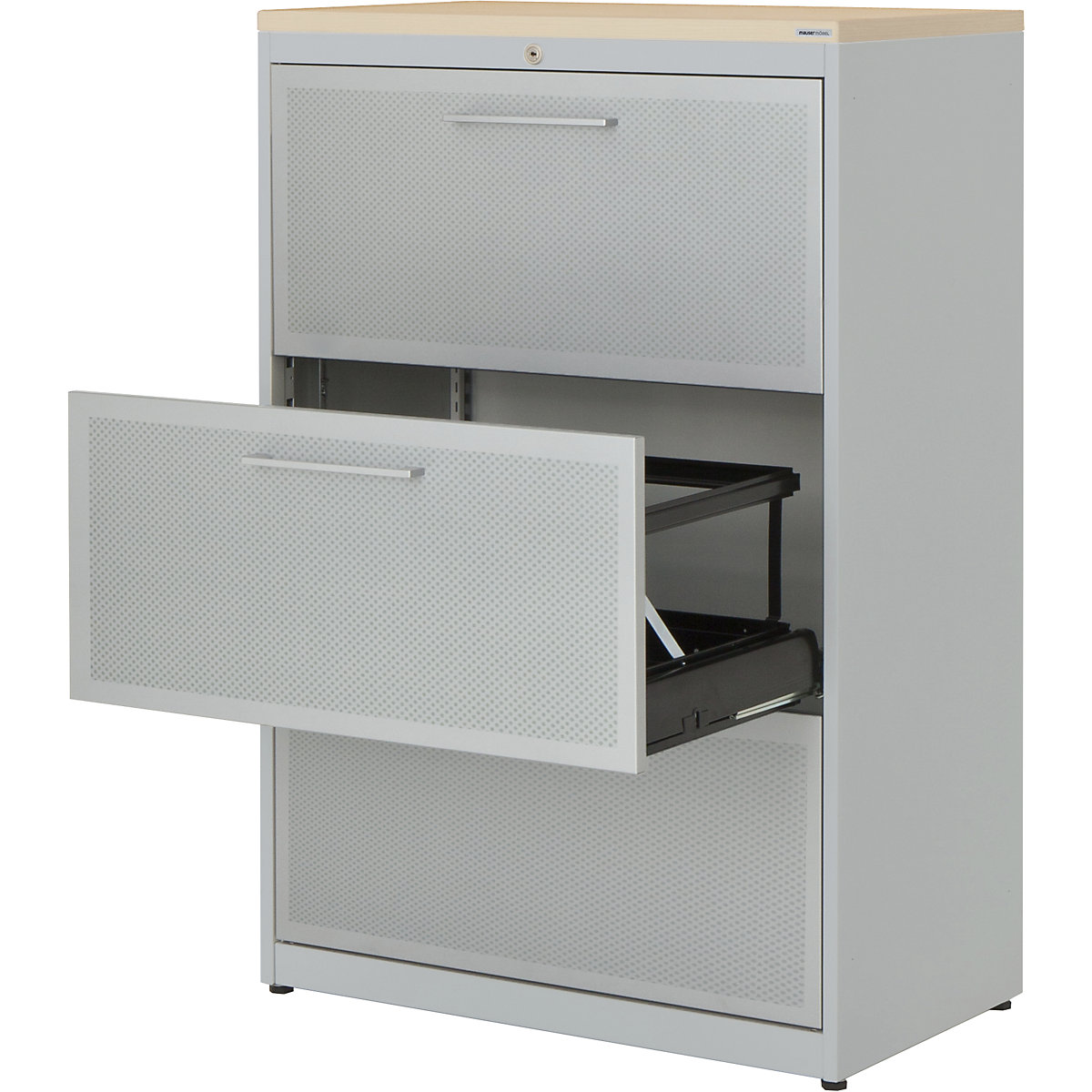 Suspension filing cabinet – mauser, 3 drawers, 2-track, white aluminium / white aluminium / maple-6