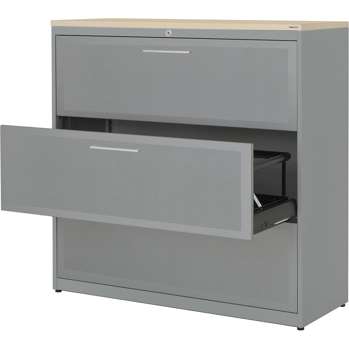 Suspension filing cabinet – mauser, 3 drawers, 3-track, white aluminium / white aluminium / maple-3