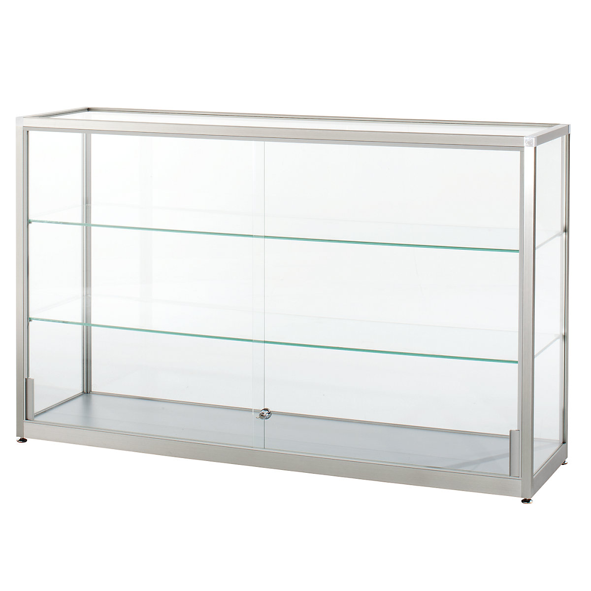 Half height glass cabinet, height 910 mm, 2 sliding doors, WxD 1500 x 400 mm, silver anodised-5