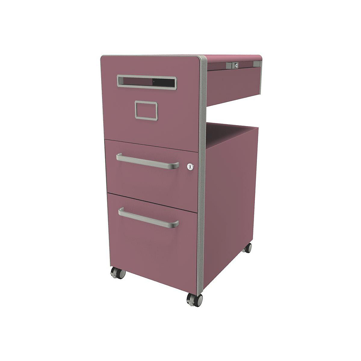 Bite™ pedestal furniture, with 1 pin board, opens on the left side – BISLEY, with 1 universal drawer, 1 suspension file drawer, pink-22