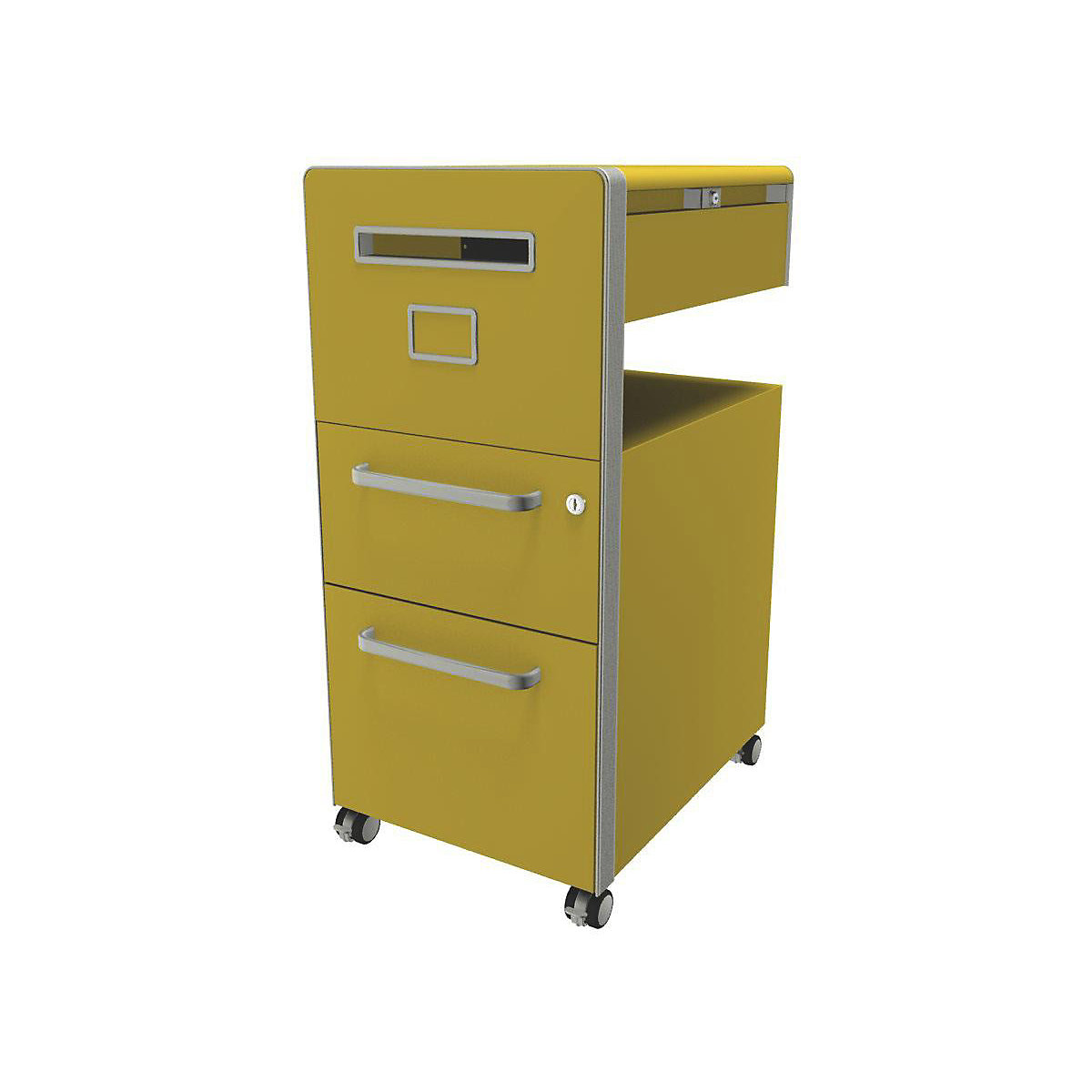 Bite™ pedestal furniture, with 1 pin board, opens on the left side – BISLEY, with 1 universal drawer, 1 suspension file drawer, yellow-31