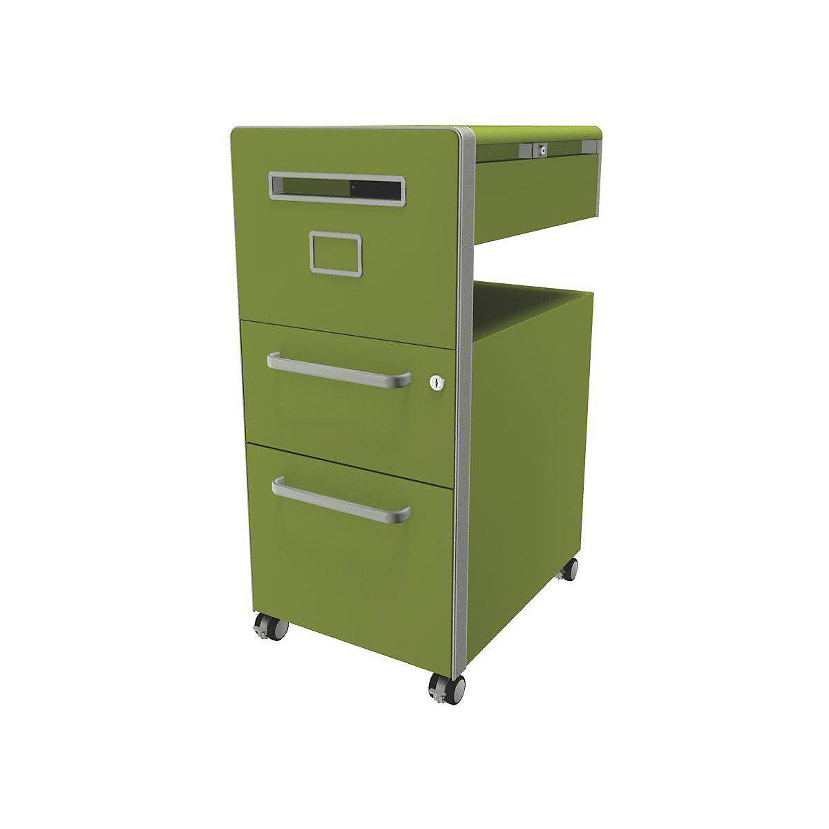 Bite™ pedestal furniture, with 1 pin board, opens on the left side – BISLEY, with 1 universal drawer, 1 suspension file drawer, green-32