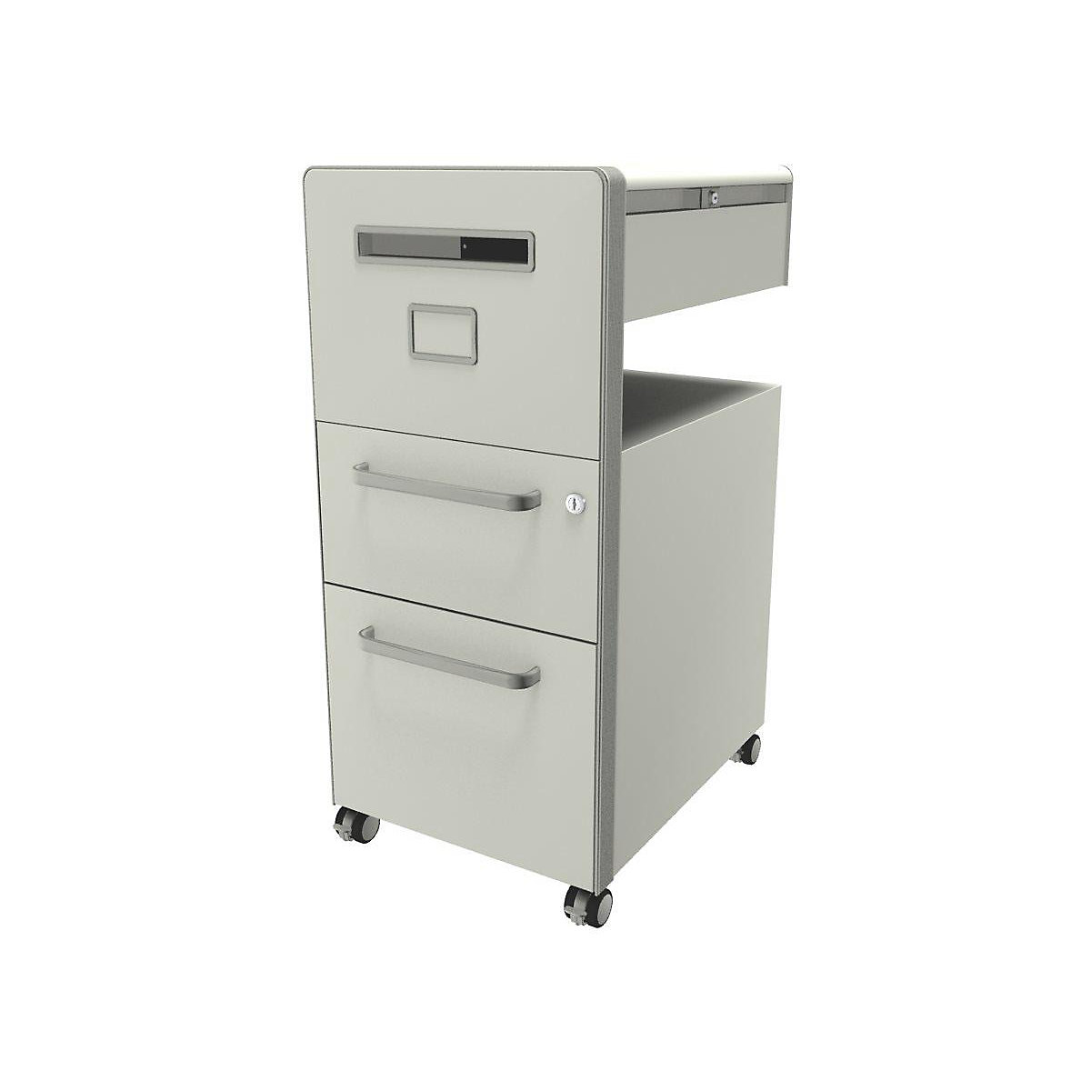 Bite™ pedestal furniture, with 1 pin board, opens on the left side – BISLEY, with 1 universal drawer, 1 suspension file drawer, pure white-29
