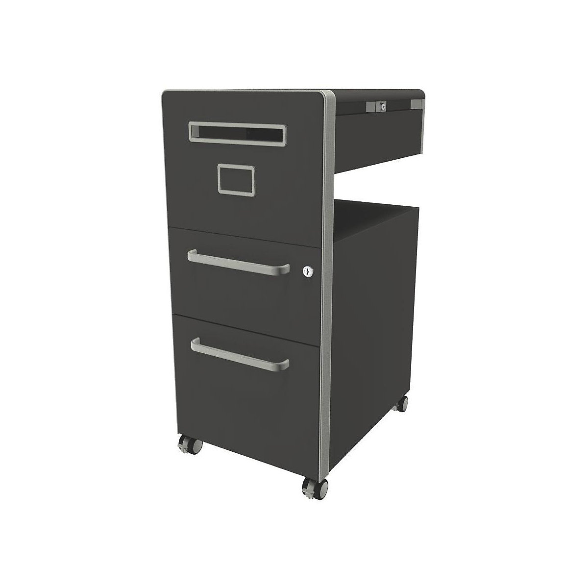 Bite™ pedestal furniture, with 1 pin board, opens on the left side – BISLEY, with 1 universal drawer, 1 suspension file drawer, slate-23