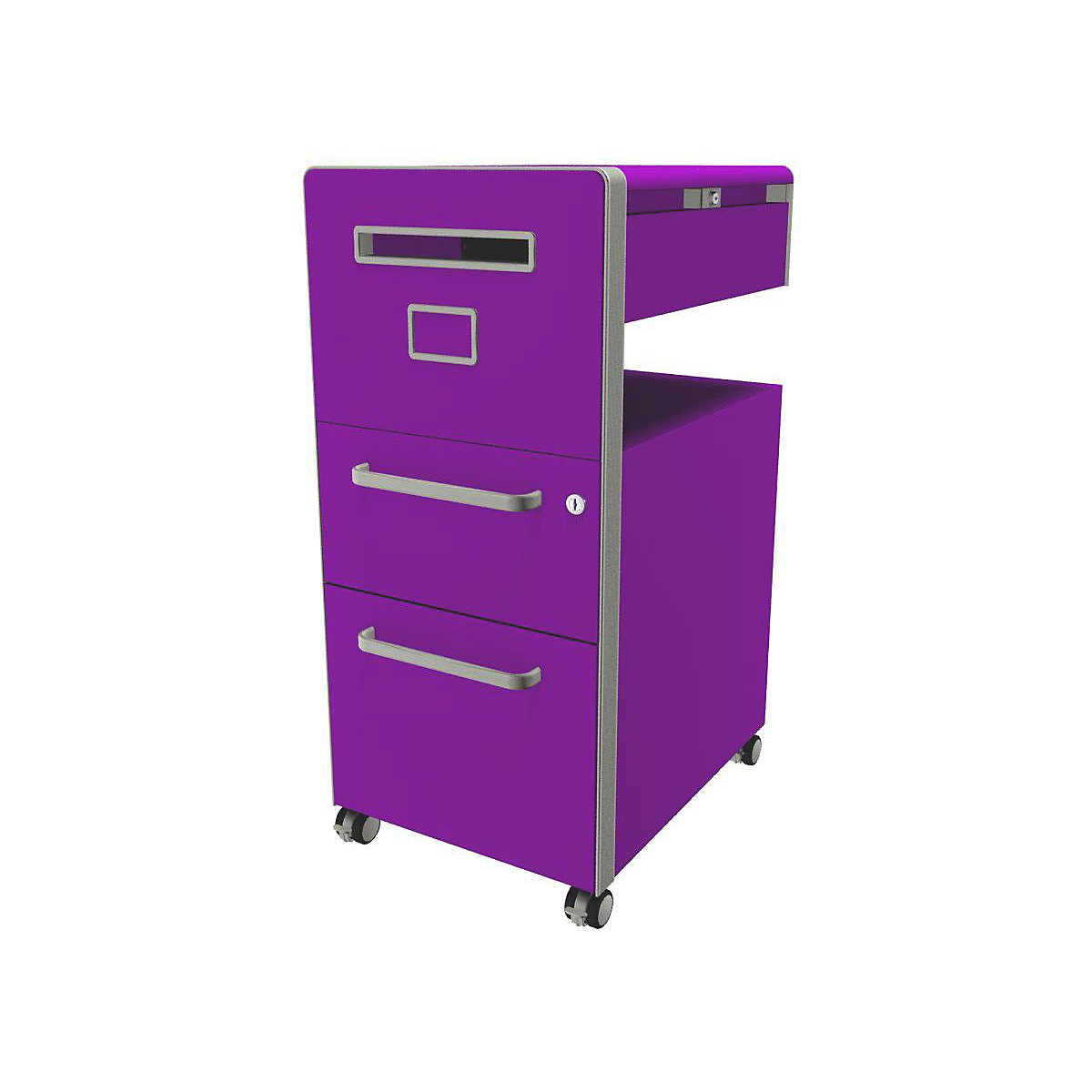 Bite™ pedestal furniture, with 1 pin board, opens on the left side – BISLEY, with 1 universal drawer, 1 suspension file drawer, fuchsia-30