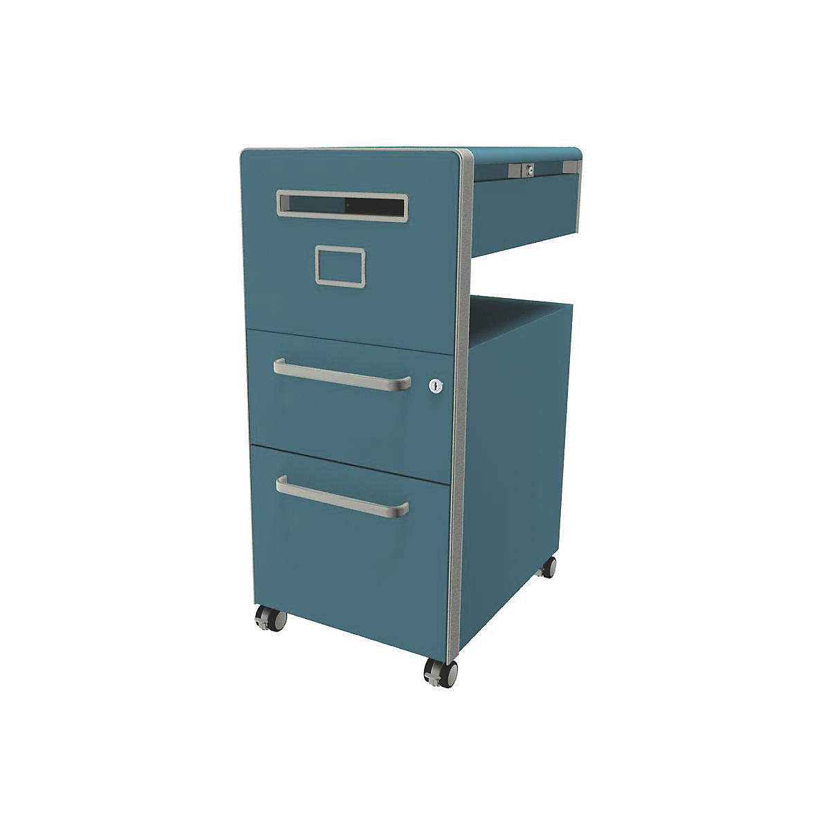 Bite™ pedestal furniture, with 1 pin board, opens on the left side – BISLEY, with 1 universal drawer, 1 suspension file drawer, azure-25