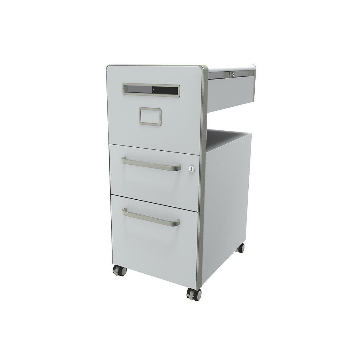 Bite™ pedestal furniture, with 1 pin board, opens on the left side – BISLEY, with 1 universal drawer, 1 suspension file drawer, traffic white-19