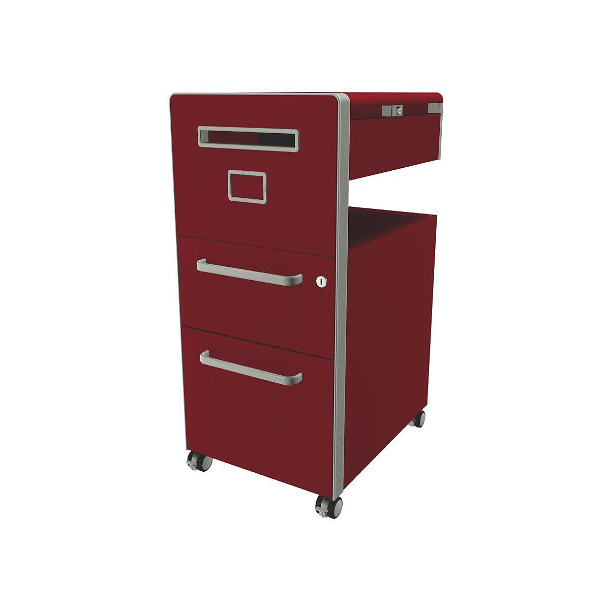 Bite™ pedestal furniture, with 1 pin board, opens on the left side – BISLEY, with 1 universal drawer, 1 suspension file drawer, cardinal red-14