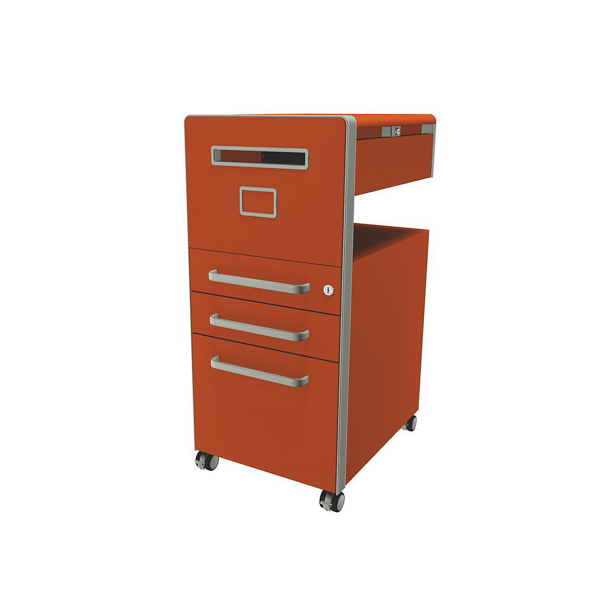 Bite™ pedestal furniture, with 1 whiteboard, opens on the left side – BISLEY, with 2 universal drawers, 1 suspension file drawer, orange-22