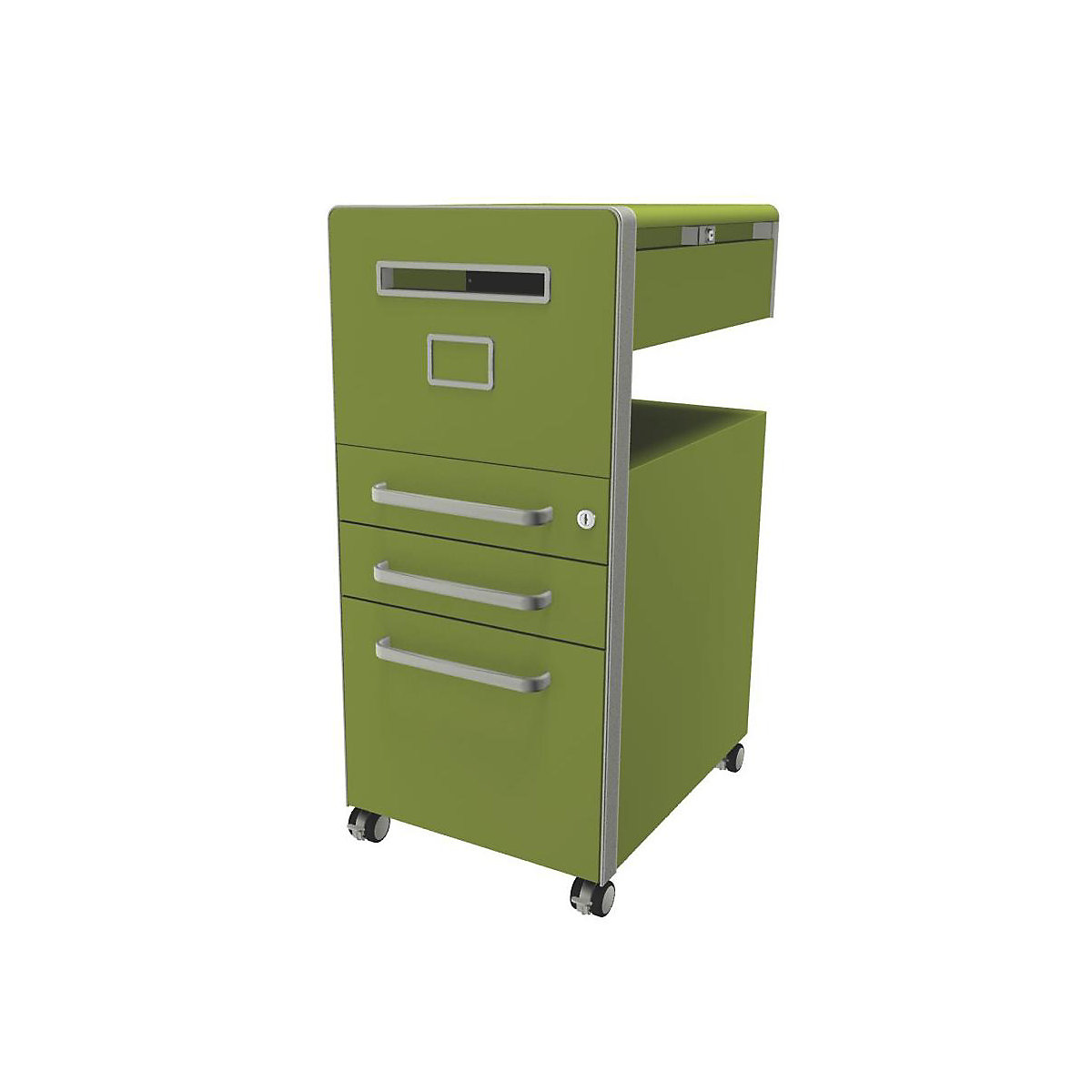 Bite™ pedestal furniture, with 1 whiteboard, opens on the left side – BISLEY, with 2 universal drawers, 1 suspension file drawer, green-31