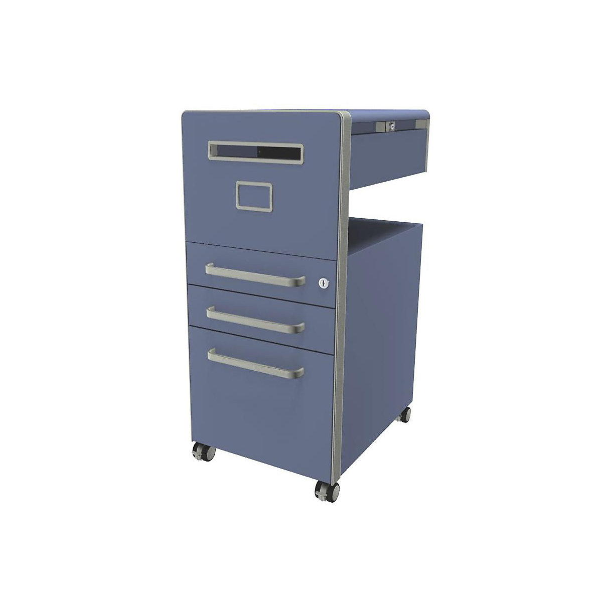 Bite™ pedestal furniture, with 1 whiteboard, opens on the left side – BISLEY, with 2 universal drawers, 1 suspension file drawer, blue-15