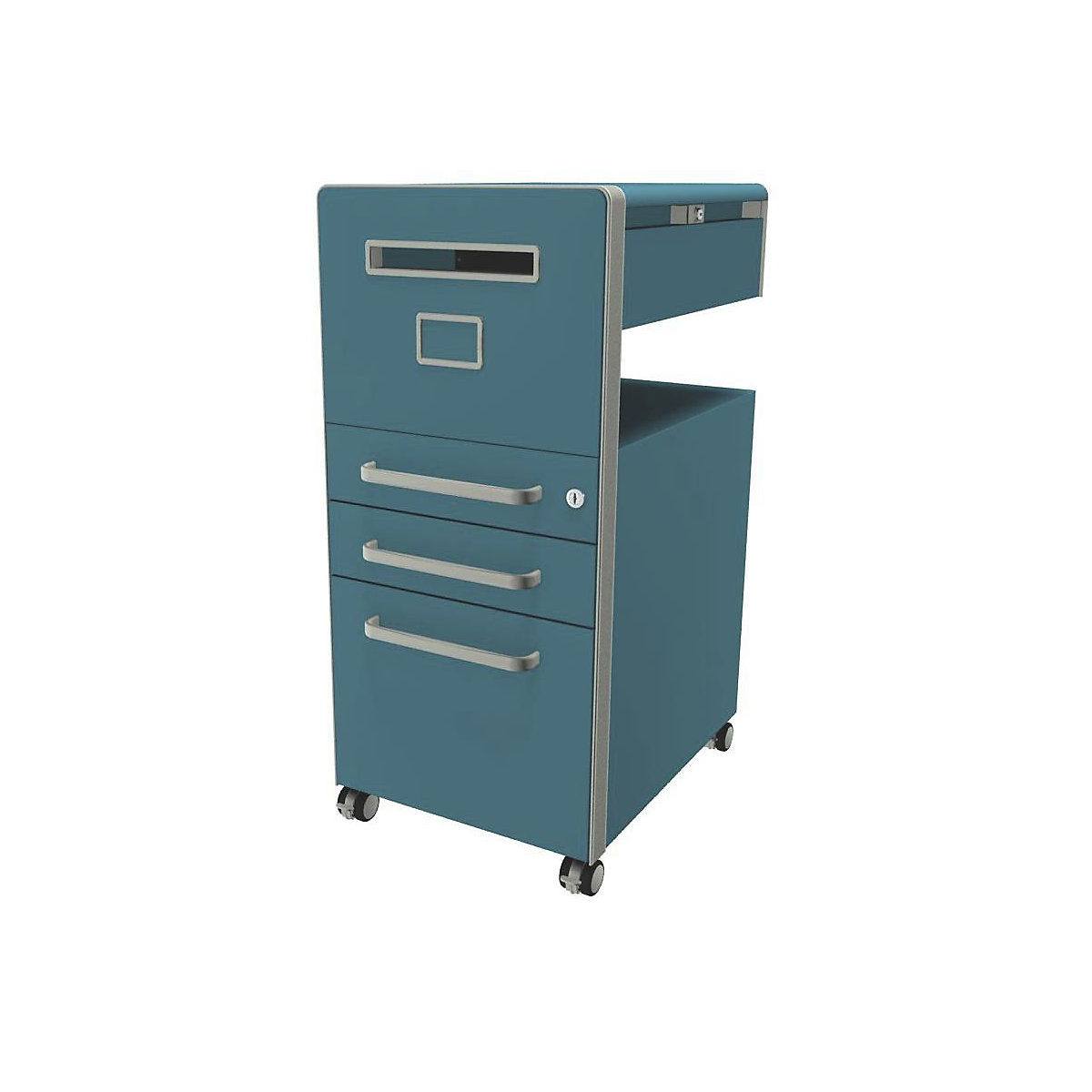 Bite™ pedestal furniture, with 1 whiteboard, opens on the left side – BISLEY, with 2 universal drawers, 1 suspension file drawer, azure-11