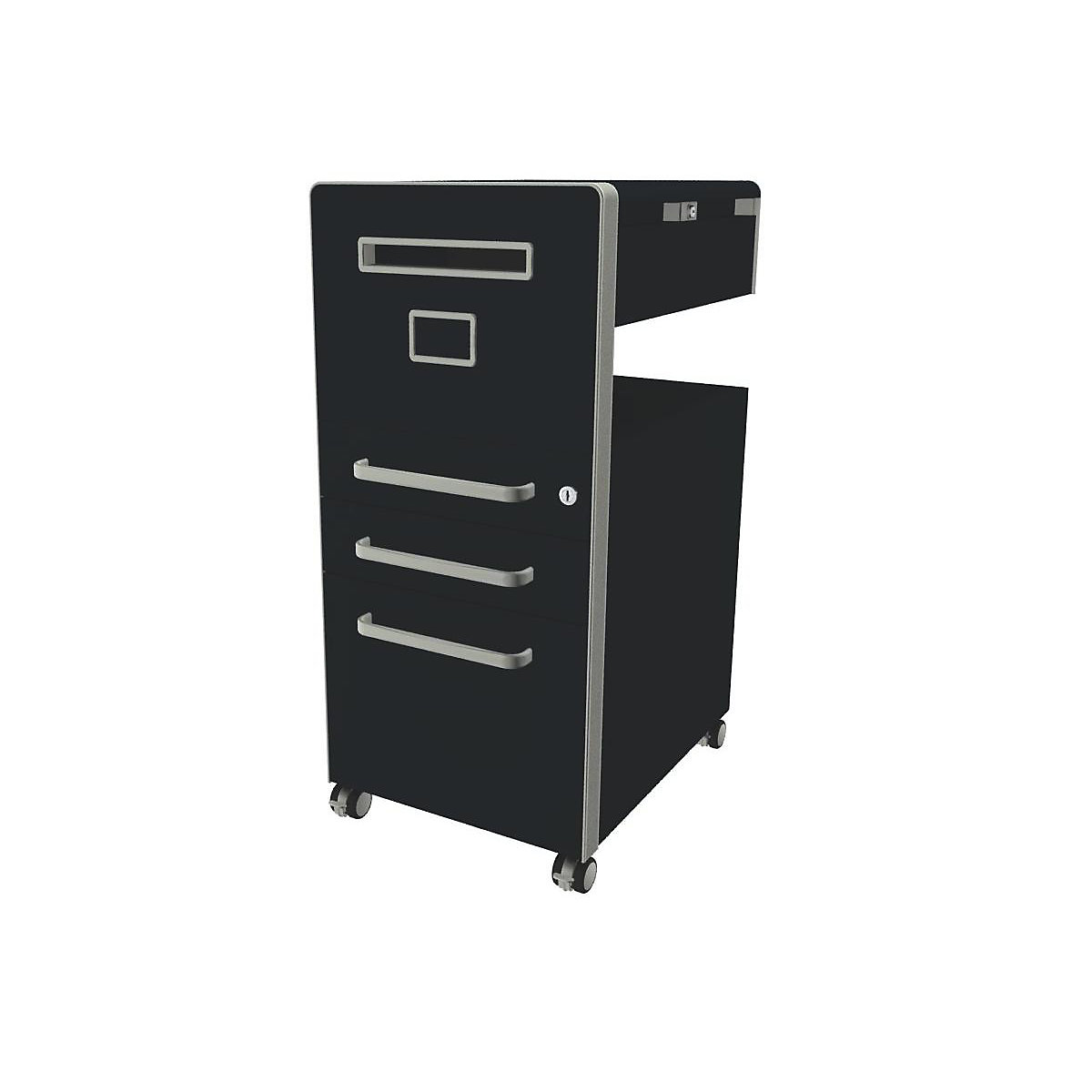 Bite™ pedestal furniture, with 1 whiteboard, opens on the left side – BISLEY, with 2 universal drawers, 1 suspension file drawer, prussian-24