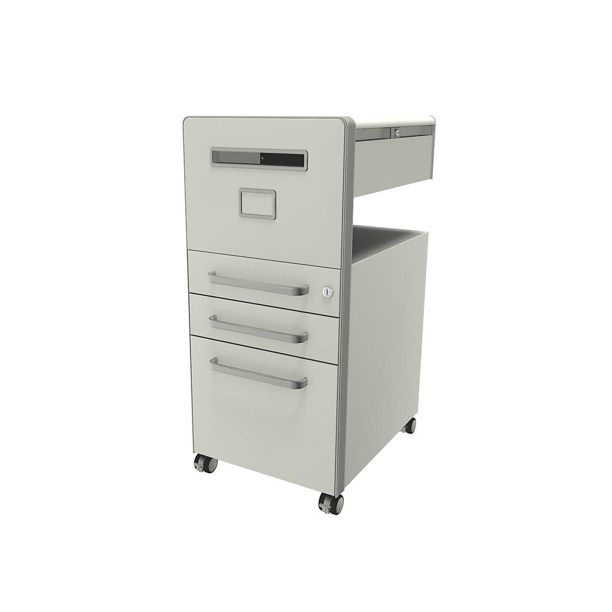 Bite™ pedestal furniture, with 1 whiteboard, opens on the left side – BISLEY, with 2 universal drawers, 1 suspension file drawer, pure white-26