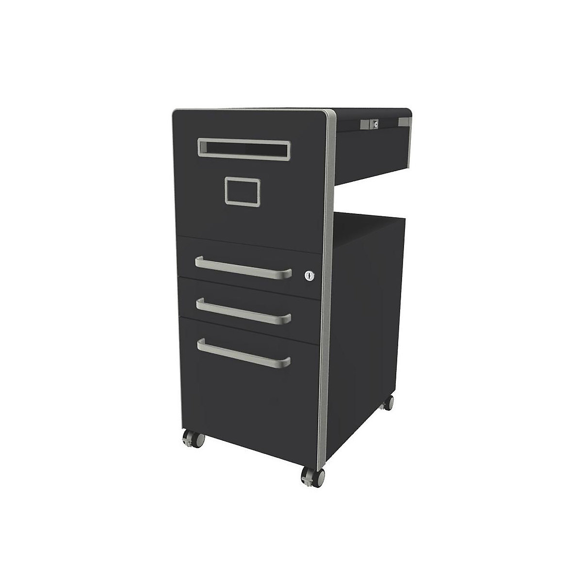 Bite™ pedestal furniture, with 1 whiteboard, opens on the left side – BISLEY, with 2 universal drawers, 1 suspension file drawer, charcoal-13
