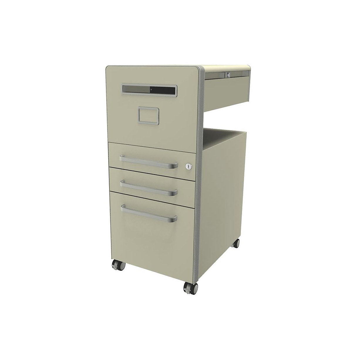 Bite™ pedestal furniture, with 1 whiteboard, opens on the left side – BISLEY, with 2 universal drawers, 1 suspension file drawer, light ivory-18