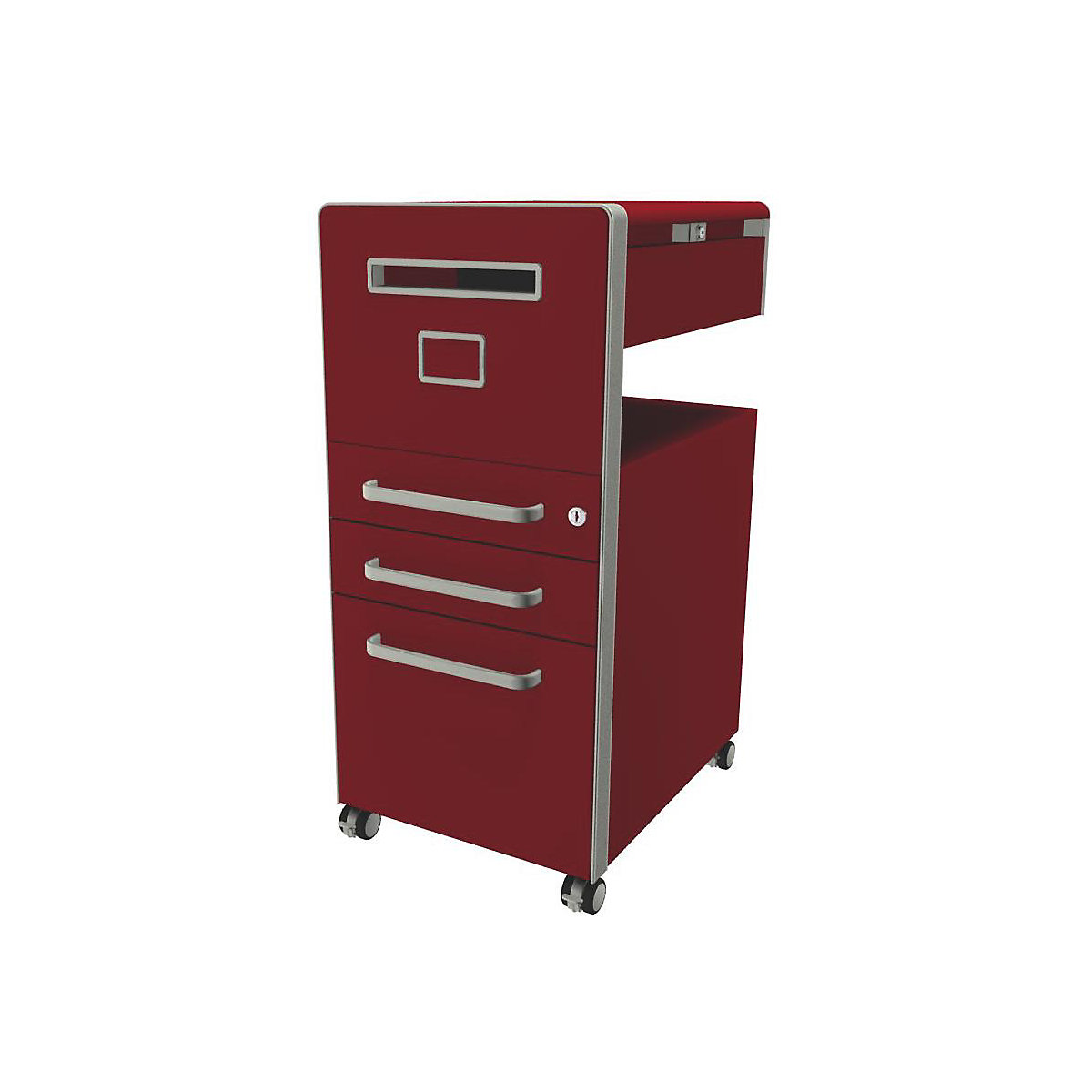 Bite™ pedestal furniture, with 1 whiteboard, opens on the left side – BISLEY, with 2 universal drawers, 1 suspension file drawer, cardinal red-1