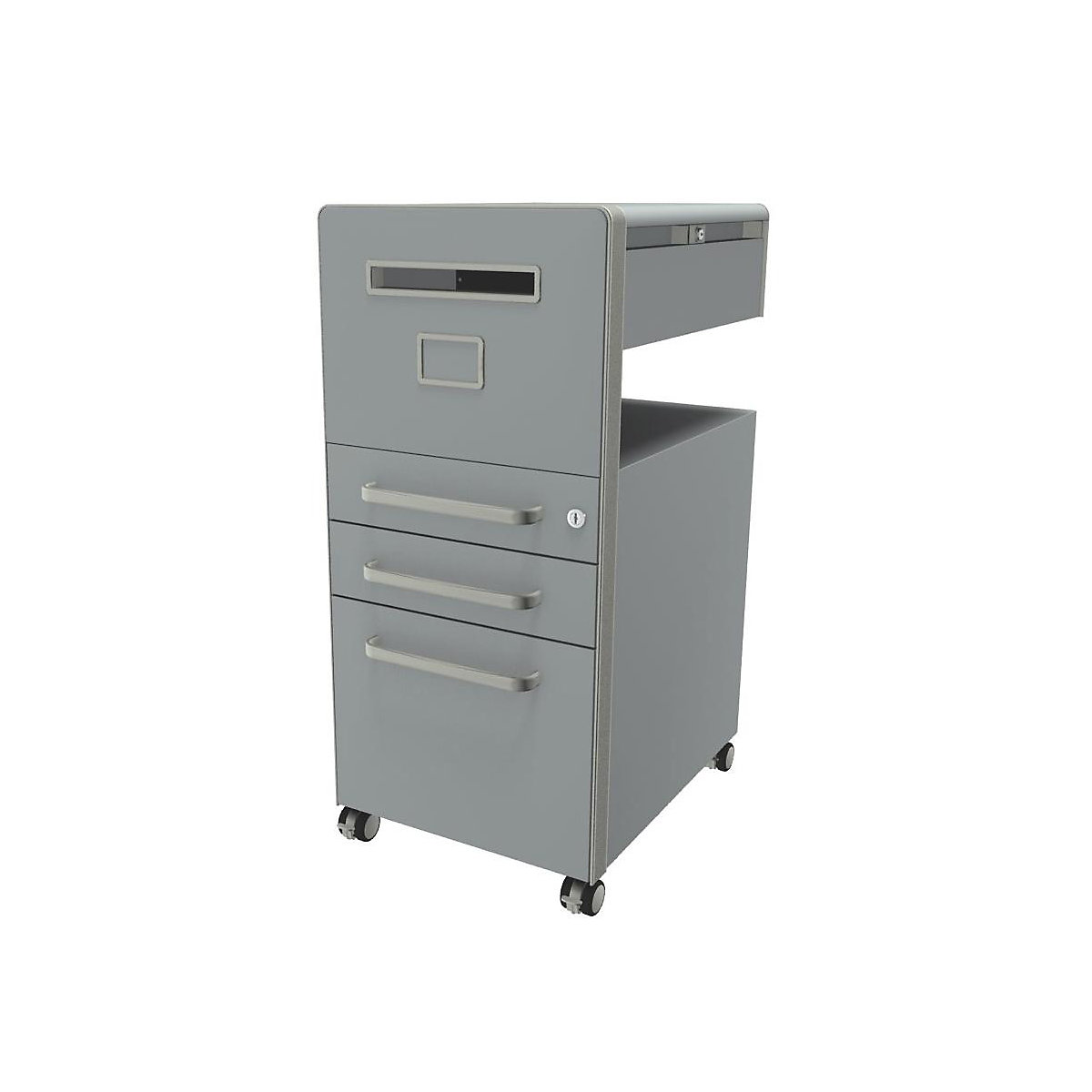 Bite™ pedestal furniture, with 1 whiteboard, opens on the left side – BISLEY, with 2 universal drawers, 1 suspension file drawer, silver, smooth paint finish-29