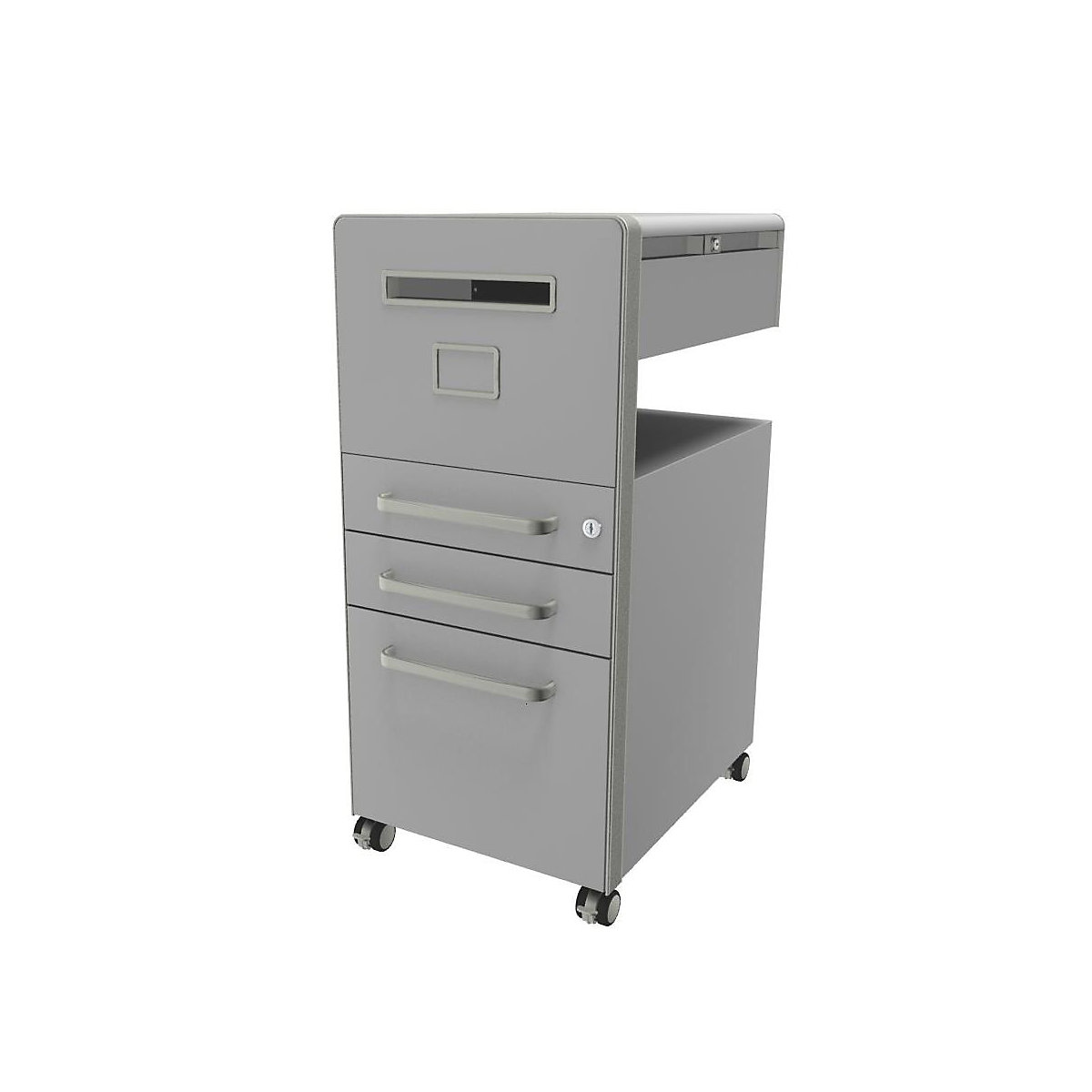 Bite™ pedestal furniture, with 1 whiteboard, opens on the left side – BISLEY, with 2 universal drawers, 1 suspension file drawer, light grey-17
