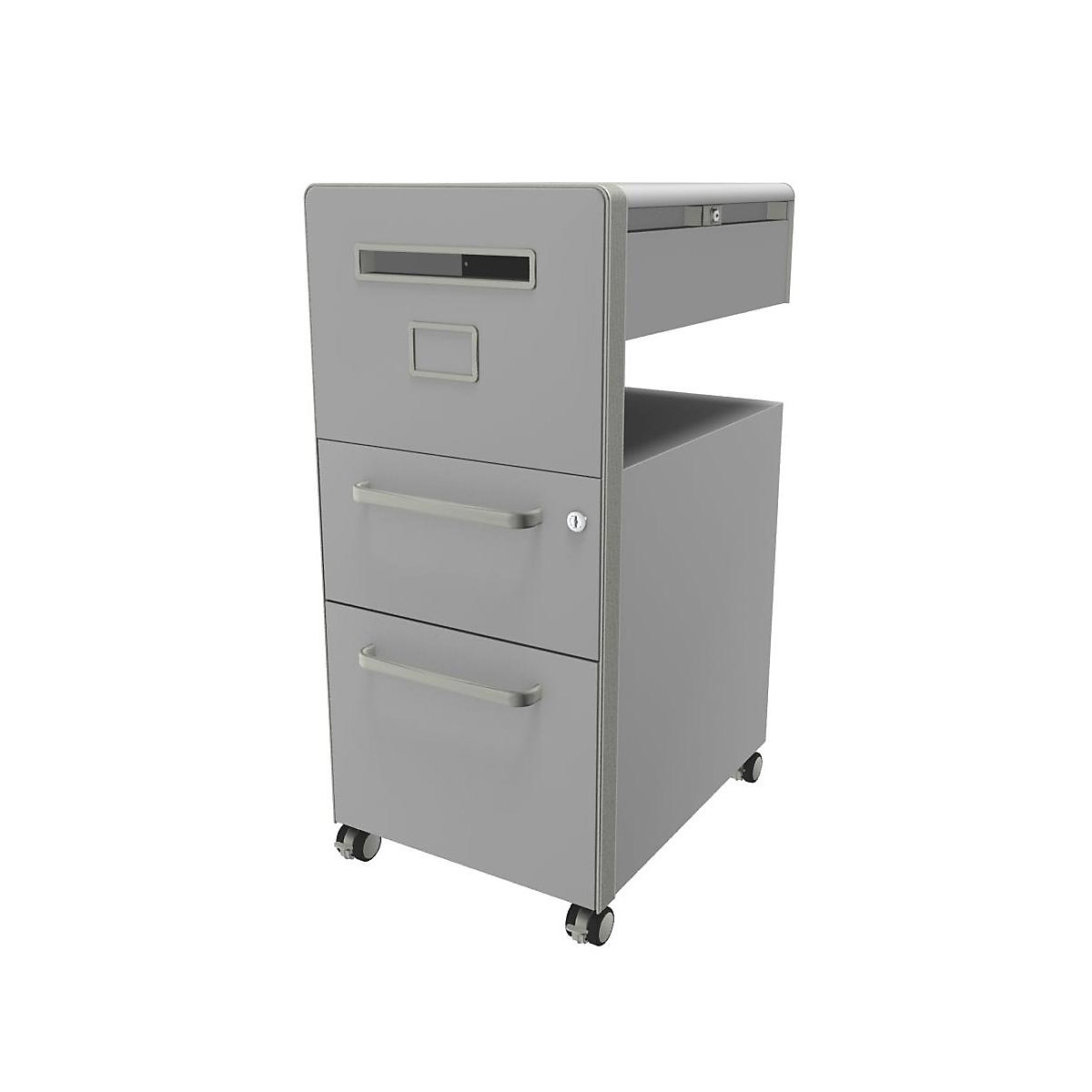 Bite™ pedestal furniture, with 1 whiteboard, opens on the left side – BISLEY, with 1 universal drawer, 1 suspension file drawer, light grey-1