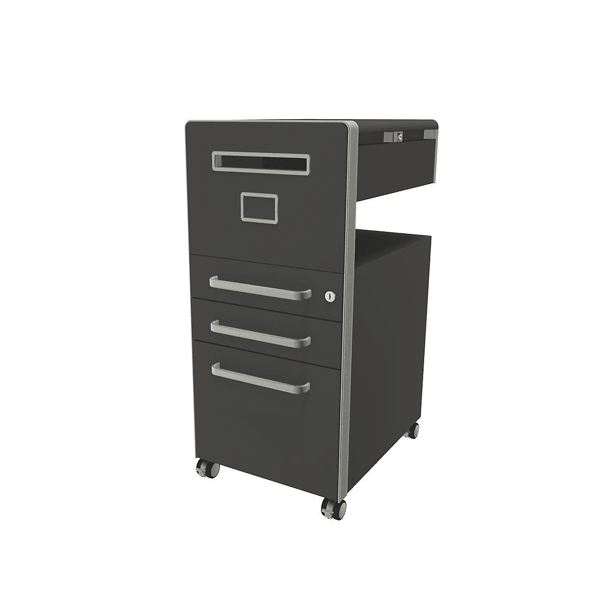 Bite™ pedestal furniture, with 1 whiteboard, opens on the left side – BISLEY, with 2 universal drawers, 1 suspension file drawer, slate-16