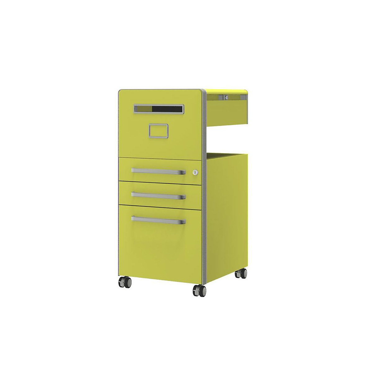 Bite™ pedestal furniture, with 1 whiteboard, opens on the left side – BISLEY, with 2 universal drawers, 1 suspension file drawer, yellow-10