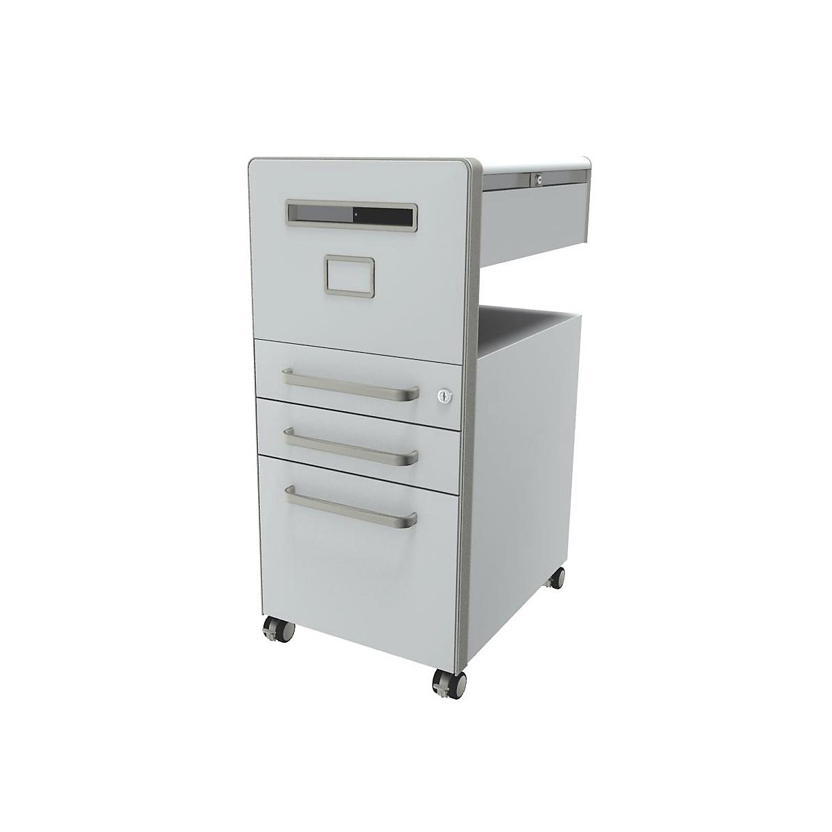 Bite™ pedestal furniture, with 1 whiteboard, opens on the left side – BISLEY, with 2 universal drawers, 1 suspension file drawer, traffic white-32