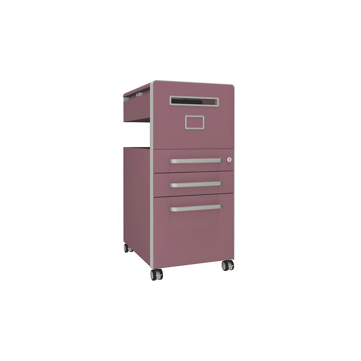 Bite™ pedestal furniture, with 1 whiteboard, opens on the right side – BISLEY, with 2 universal drawers, 1 suspension file drawer, pink-17