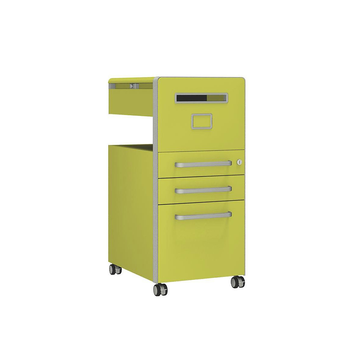 Bite™ pedestal furniture, with 1 whiteboard, opens on the right side – BISLEY, with 2 universal drawers, 1 suspension file drawer, yellow-31
