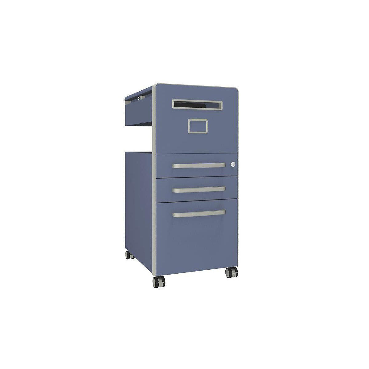Bite™ pedestal furniture, with 1 whiteboard, opens on the right side – BISLEY, with 2 universal drawers, 1 suspension file drawer, blue-22