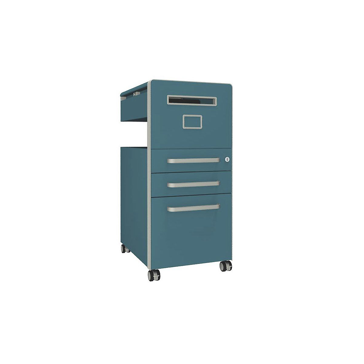 Bite™ pedestal furniture, with 1 whiteboard, opens on the right side – BISLEY, with 2 universal drawers, 1 suspension file drawer, azure-15
