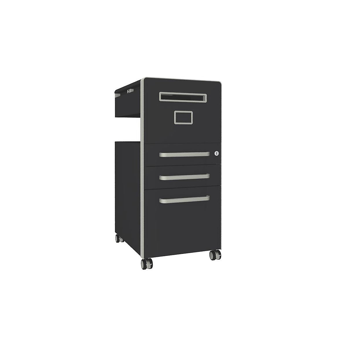 Bite™ pedestal furniture, with 1 whiteboard, opens on the right side – BISLEY, with 2 universal drawers, 1 suspension file drawer, charcoal-11