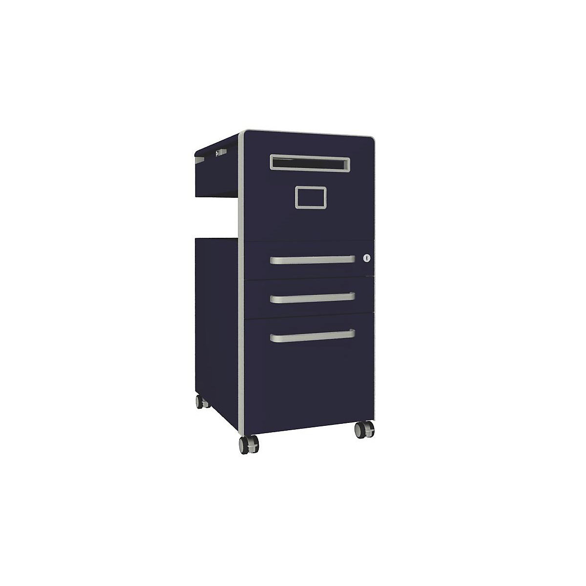 Bite™ pedestal furniture, with 1 whiteboard, opens on the right side – BISLEY, with 2 universal drawers, 1 suspension file drawer, oxford blue-19