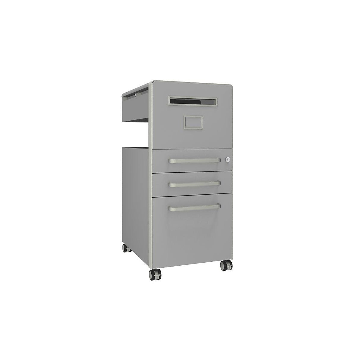 Bite™ pedestal furniture, with 1 whiteboard, opens on the right side – BISLEY, with 2 universal drawers, 1 suspension file drawer, light grey-33